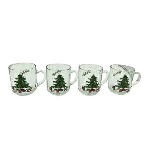 Vintage Lot Of 4 Christmas Treasure Luminarc Clear Glass Christmas Tree Mugs